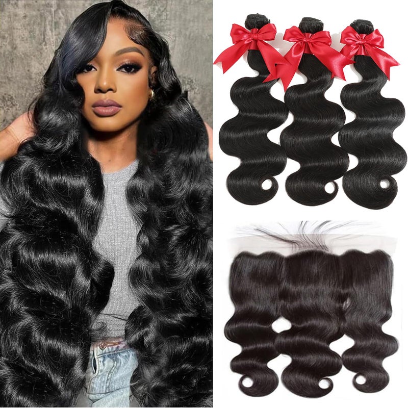 12A Human Hair Bundles with Frontal 16 18 20 with 14 Inch Brazilian Body Wave 3 Bundles Human Hair with 13x4 HD Lace Frontal Closure 100 Unprocessed Virgin Human Hair Weave